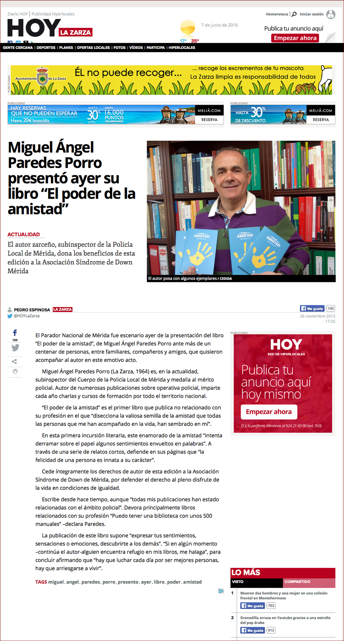 El poder de la amistad, Miguel Ángel Paredes Porro, AL Fundación, publicación en el periódico HOY La Zarza